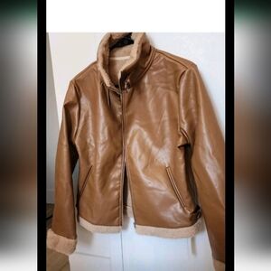 Women Motorcycle Short Jacket Leather Brown Sherpa Lined Size Small Full Zip